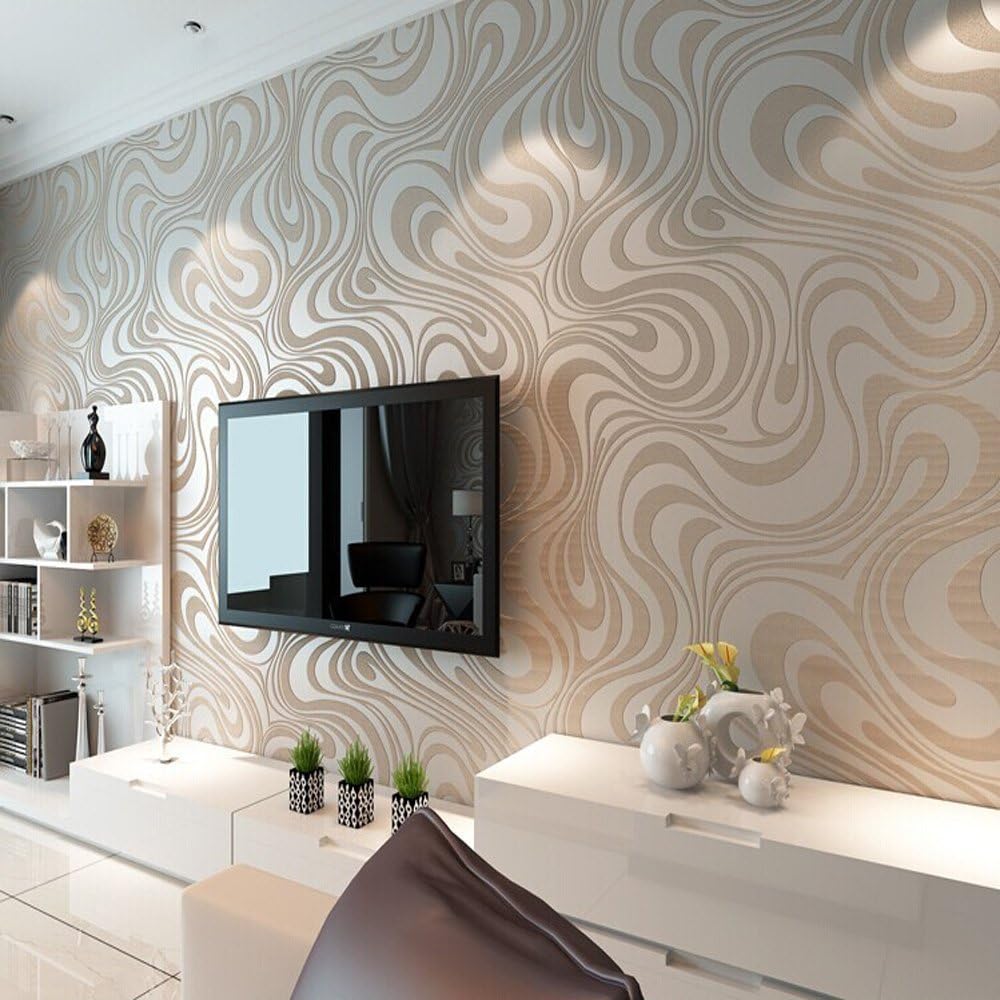 KeTian Modern Luxury 3D Abstract Curve Wallpaper Non-Woven Flocking Strips for Living Room/Bedroom Wallpaper Roll 0.7m (2.29' W) x 8.4m (27.56' L) = 5.88㎡ (63.11 sq.ft) (Cream&Silver&Gray)