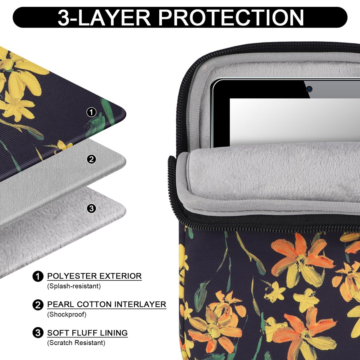 6.8 Inch Sleeve Bag, Protective Nylon Case Cover Compatible with All-New-Kindl/Kids E-Reader Tablet Devices (Black Flower)