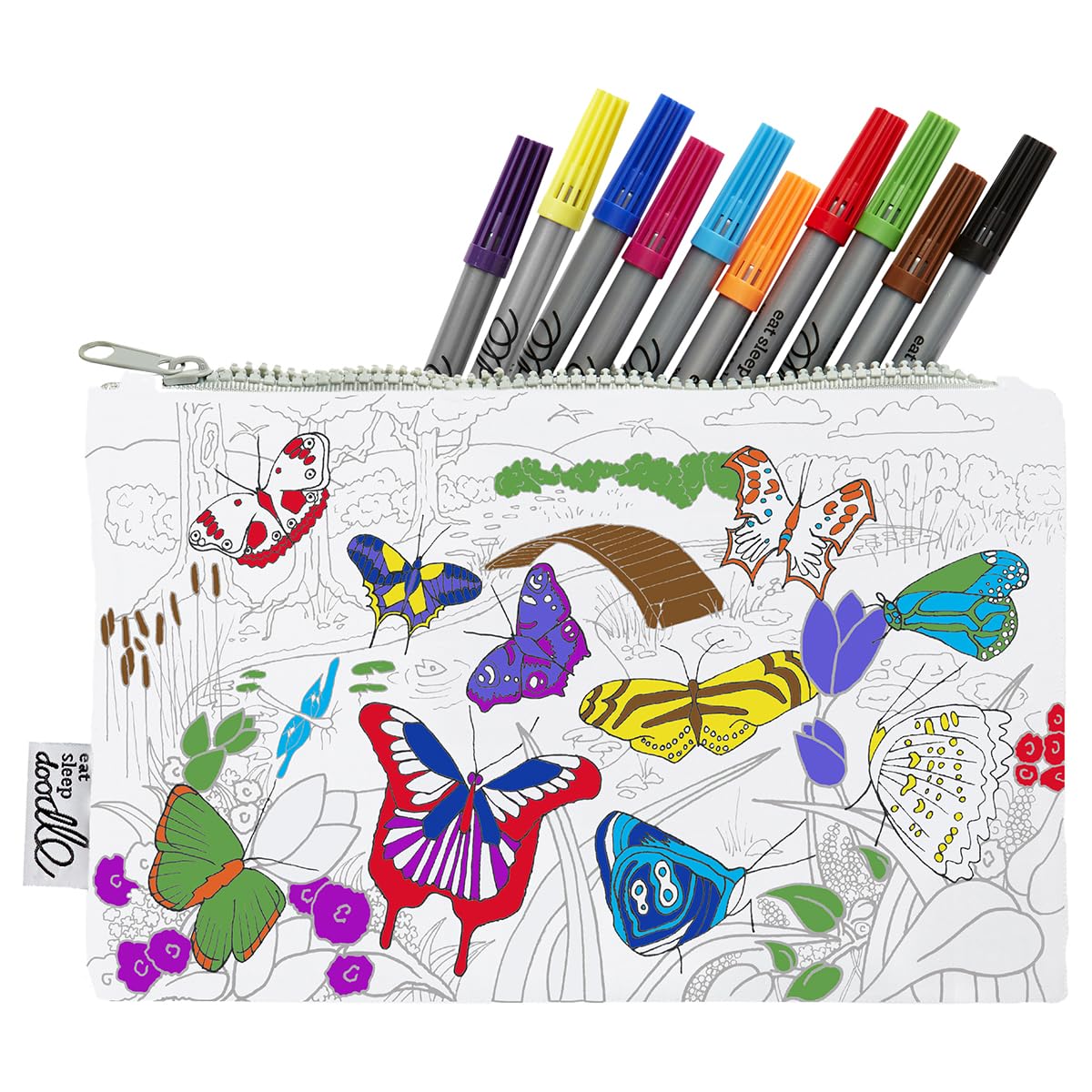 eatsleepdoodle Colouring Pencilcase for Kids w/ 10pk Washable Markers for Kids - 22x14cm Butterfly Kids Colouring Pencilcase - Ultra Washable & Reusable Arts and Crafts for Kids