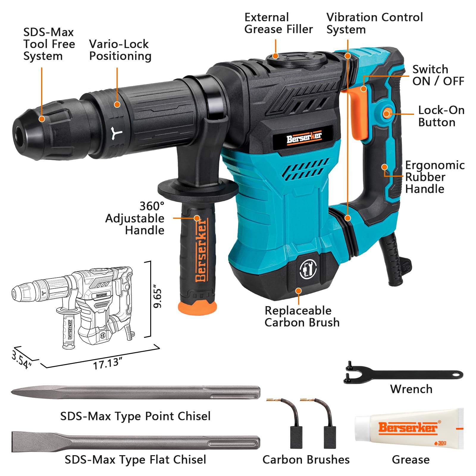 Berserker 1300W 12-Pound SDS-Max Demolition Jack Hammer, 1-9/16