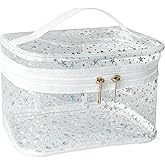 TotePrint White Star Print PVC Makeup Bag with Handle - 8.66 * 5.51 * 5.51 inch,Clear Storage Bag Toiletry Pocket Portable Zippered Pouch Waterproof Cosmetic Organizer Bags for Women (White-L)