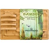 Bamboo Cutting Boards for Kitchen, Wood Cutting Board with Holder, Bamboo Cutting Board Set Reversible with Juice Grooves for Meat Cheese Fruit and Vegetables (Four Piece Set)