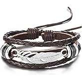 COOLSTEELANDBEYOND Feather Leaf Braided Leather Bracelet for Men Women, Three-Row Leather Wristband