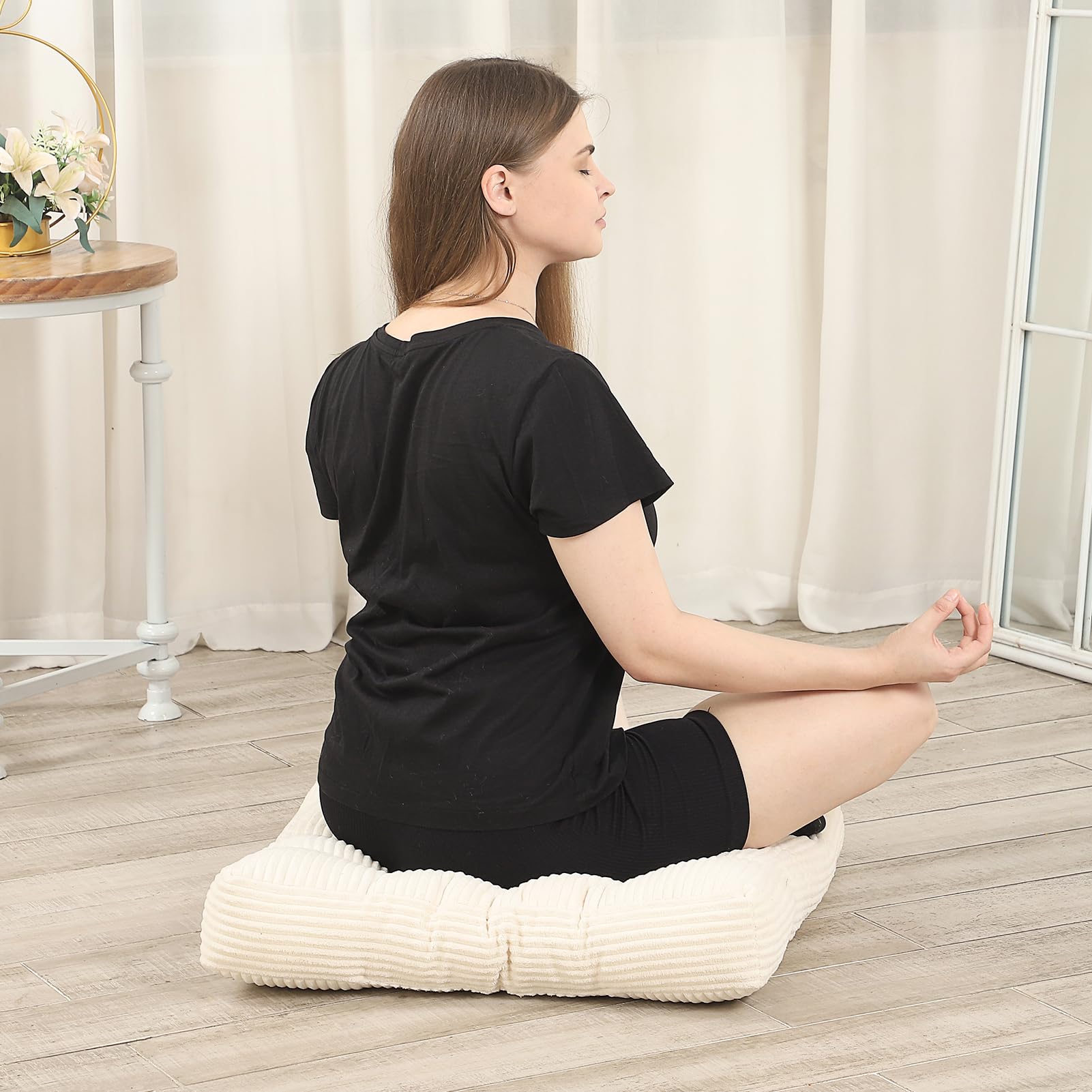 LOVMOC 22 inches Meditation Pillow, Square Large Floor Cushions for Adults, Thick Corduroy Floor Pillows for Sitting, Yoga, Living Room, Sofa, Tatami, Beige - Image 6