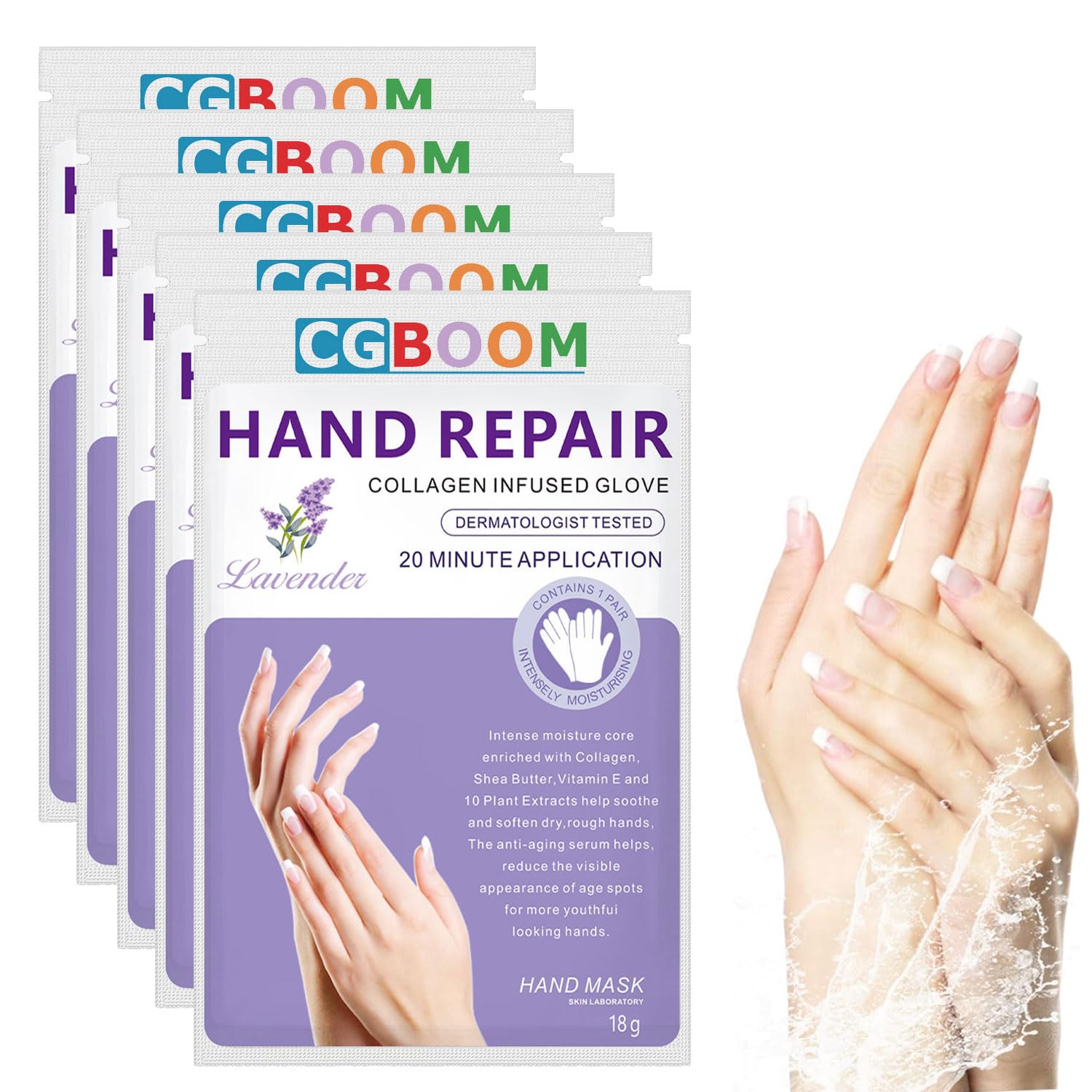 5 Pairs Hands Moisturizing Gloves, Hand Skin Repair Renew Mask w/Infused Collagen, Moisture Enhancing Gloves for Dry, Aging, Cracked Hands (Lavender)