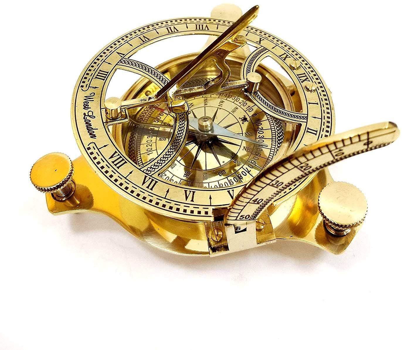 Nautical Sundial Compass - Solid Brass Sun Dial 4" Brass Sundial Compass Nautical Decor Big Brass Triangle Sundial Compass with Adjustable Screw Legs