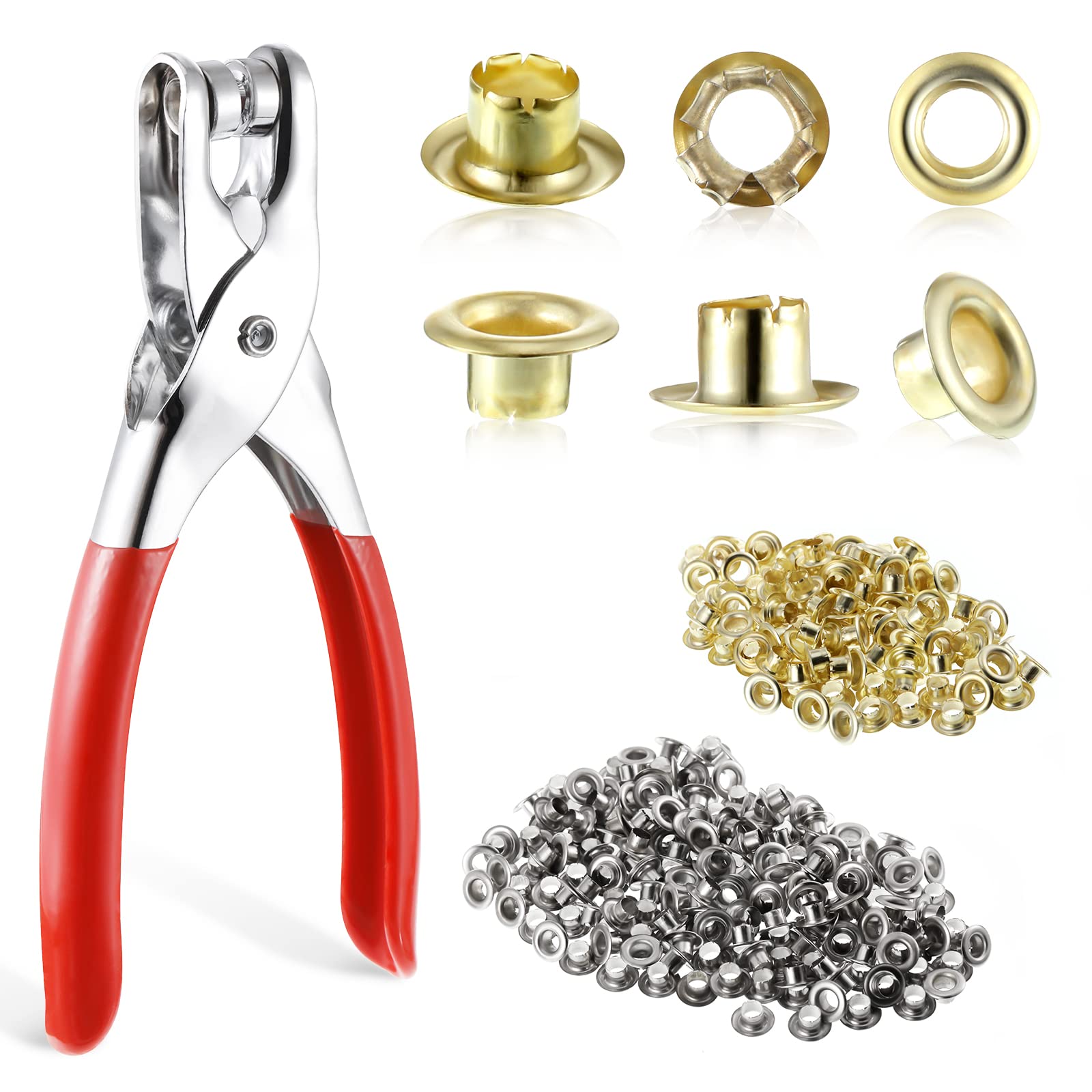 Grommet Eyelet Pliers Set, 1/4 inch Grommet Tools Kit Metal Eyelets Tool with 300 Metal Eyelets, Eyelet Tool Kit for Belts/Leather/Shoes/Workbooks/Apparel(Gold & Silver)