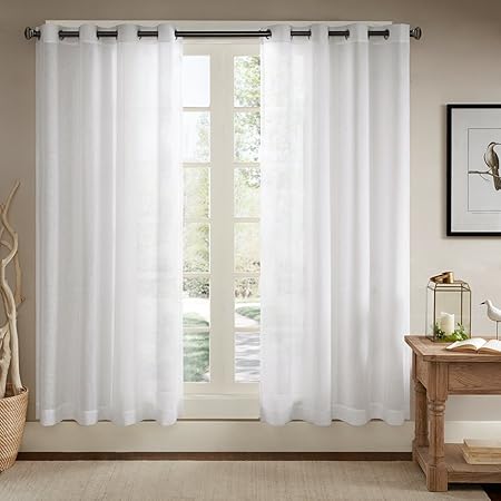 Ösenschal Voile Vorhang in Leinen-Optik Leinenstruktur Ösenvorhang Gardine mit Ösen Solid Sheer Wohnzimmer Elegant, Off White