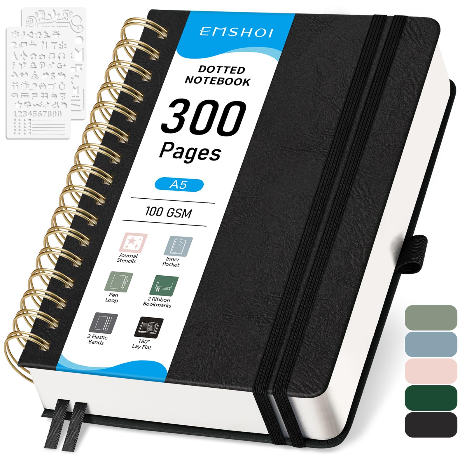 EMSHOI A5 Dotted Notebook, Spiral Notepad 150 Sheets/300 Pages, 100gsm, HardCover, Stencils, Pocket, Pen Loop, Ruler, Bookmark, Bullet Dot Grid Journal for Women Men Writing, 14.5 x 21cm, Black