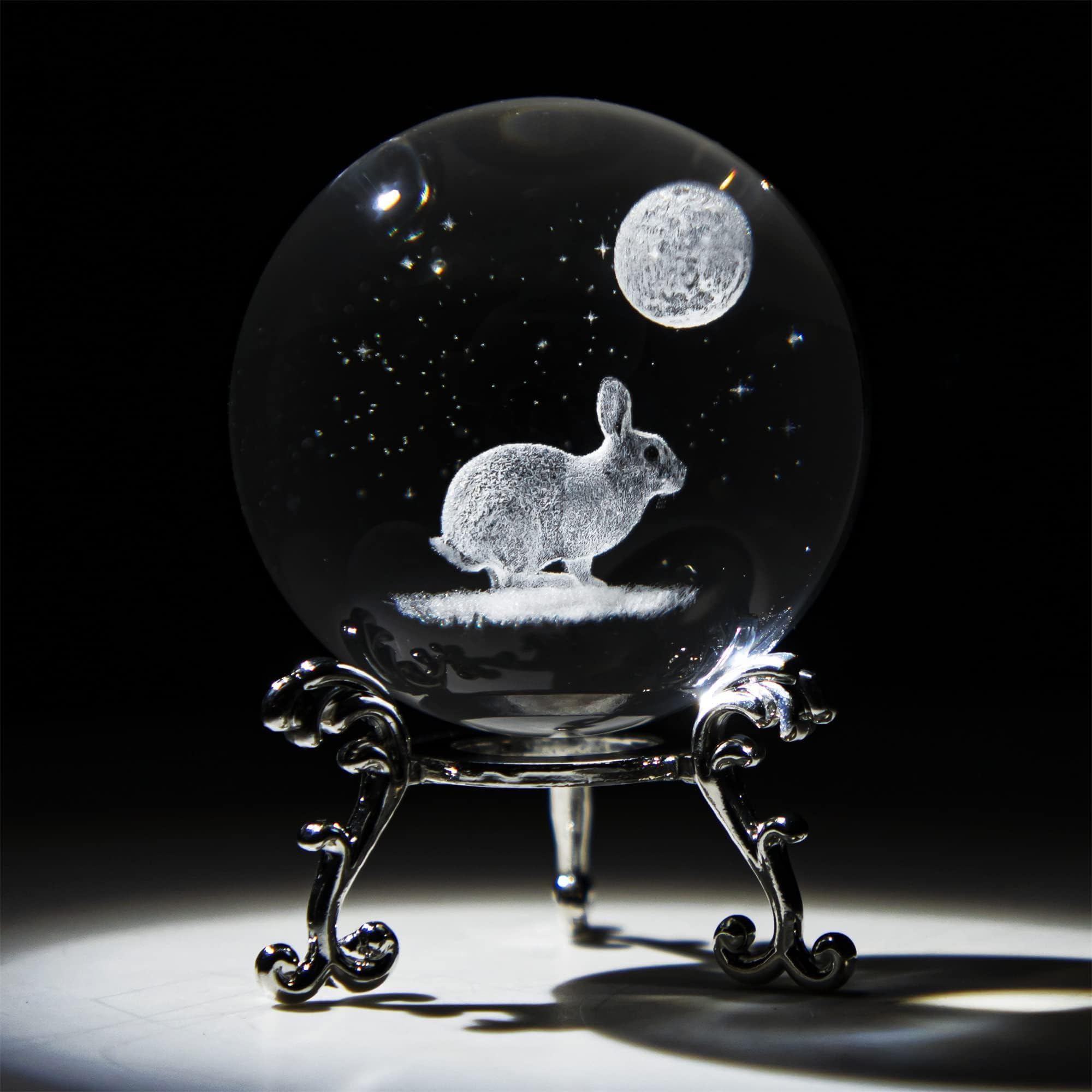 HDCRYSTALGIFTS 60mm 3D Rabbit Crystal Ball Figurine Gifts for Women Men Glass Laser Engraved Animal Bunny Crystal Ball with Stand Paperweights Glass Sphere Ball Ornaments Decor Gifts for Lovers