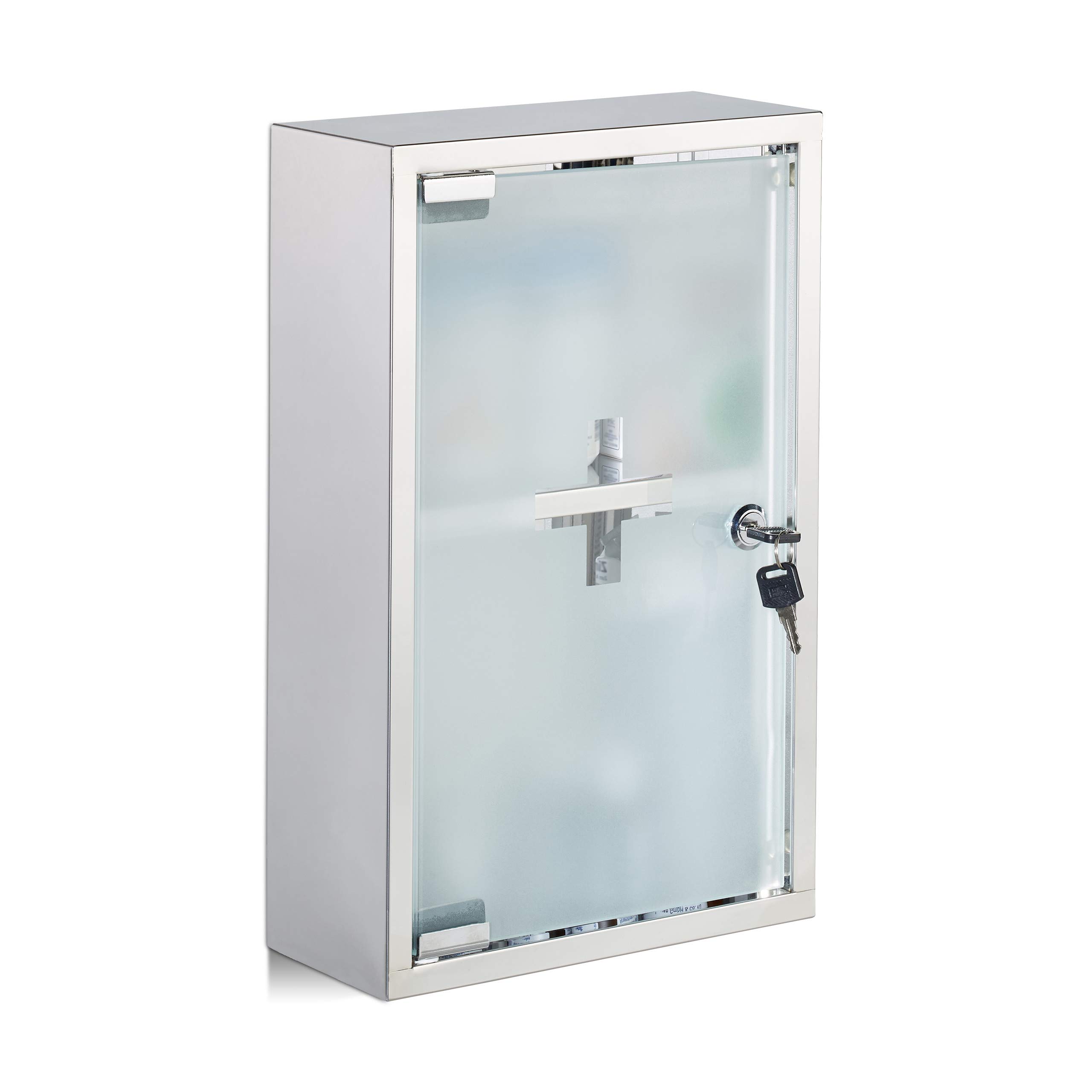 Relaxdays Stainless Steel Cabinet, Glass Door, 2 Compartments, Lockable, Home Pharmacy, Shiny, HWD: 40x25x11cm, Silver