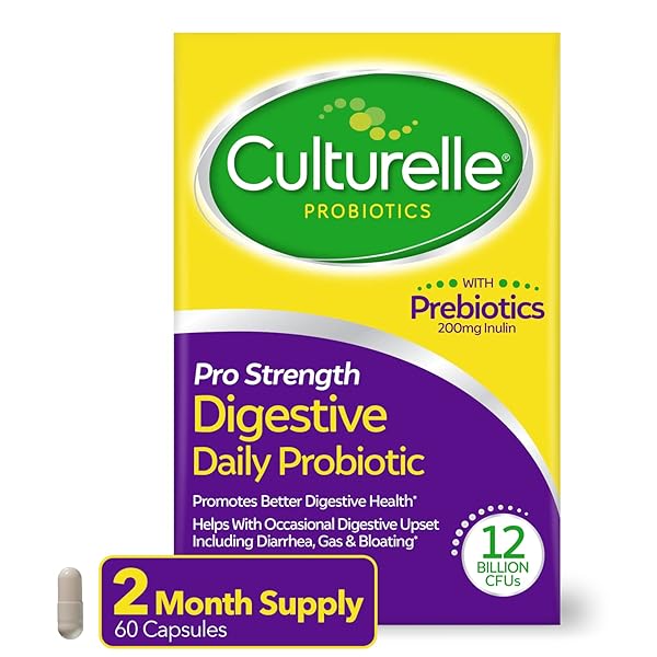 CULTURELLE PRO STRENGTH DAILY PROBIOTICS FOR DIGESTIVE HEALTH (2 MONTH SUPPLY) WITH PREBIOTICS FOR WOMEN & MEN, SUPPORTS OCCASIONAL DIARRHEA, GAS & BLOATING, GLUTEN & SOY FREE, 60 COUNT