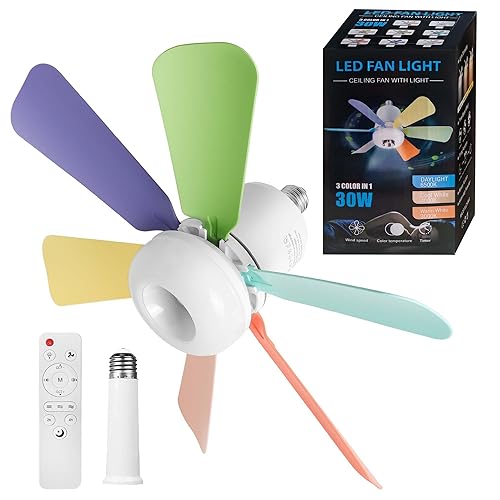 FIBRAVE Ceiling Fan Light, Fan Lights with Remote Control, Stepless Dimmable 30W 1800 Lumens 3000-6500K 3-Color 3-Speed, 16.93'' Small Ceiling Fan with Light for Bedroom, Bathroom(multicolour)