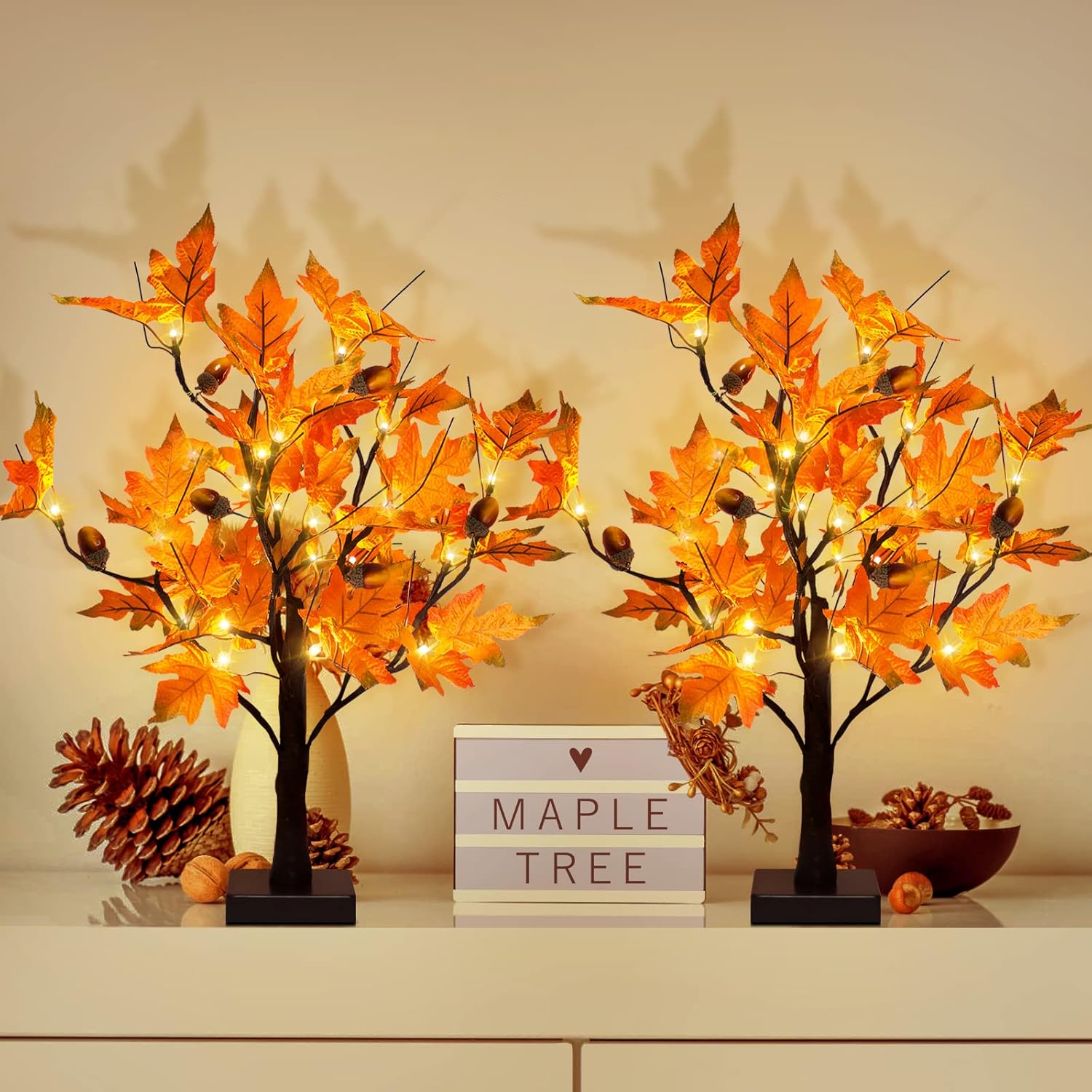 Trees - [2 Pack] 24-inch Fall Lighted Maple Tree with Acorns, 48 LED Lights, Battery Operated Thanksgiving Table Centerpieces Decoration Artificial Tree for Home Fireplace Autumn Harvest Tabletop Indoor Decor