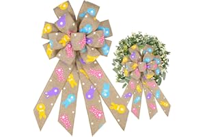 ALIBBON Large Easter Bows for Wreaths, Spring Easter Wreath Bows, Flaxen Rabbit Bows for Crafts, Easter Decor, Colorful Rabbits Burlap Bows for Wreath Indoor Outdoor Wall Window Decorations