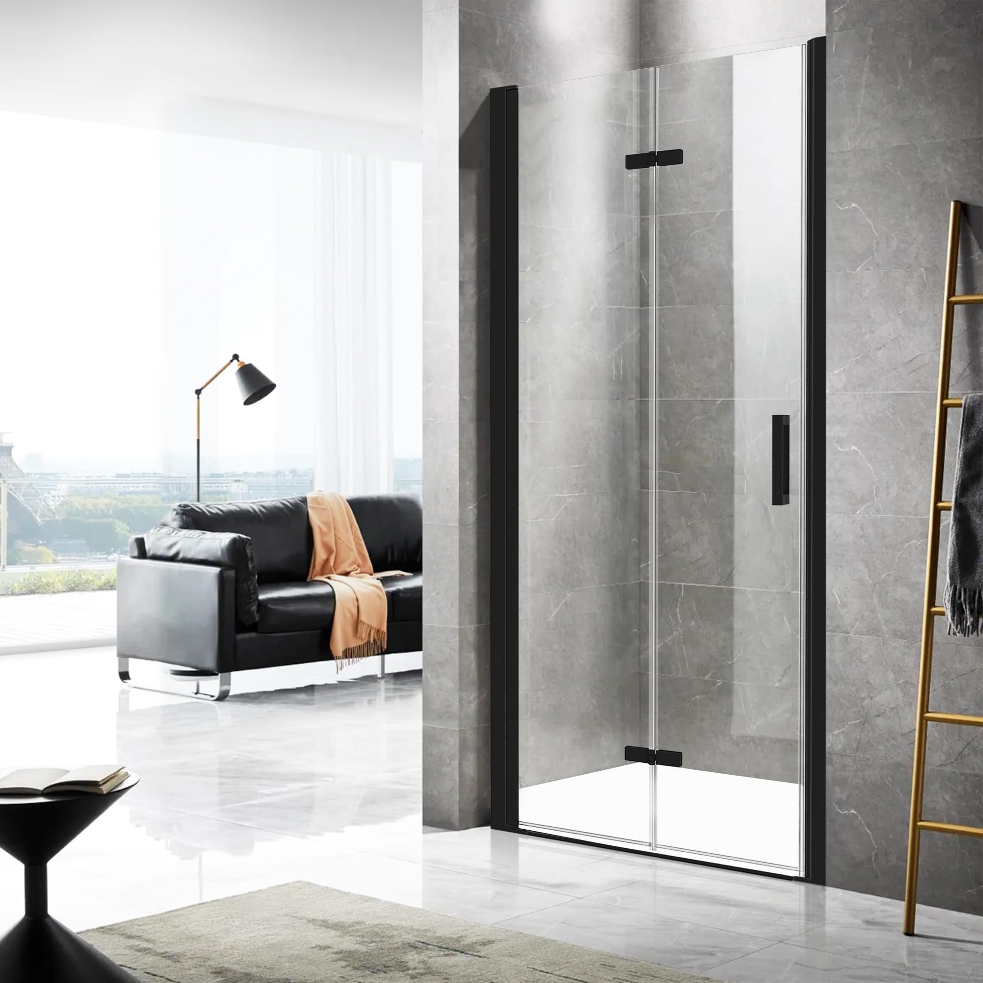 Photo 1 of Bathroom Frameless Bifold Shower Glass Doors, 36””W x 72" H Pivot Shower Doors, 1/4”(6mm) Thick Clear Tempered Glass Shower Panels, Matte Black Finish with Handle