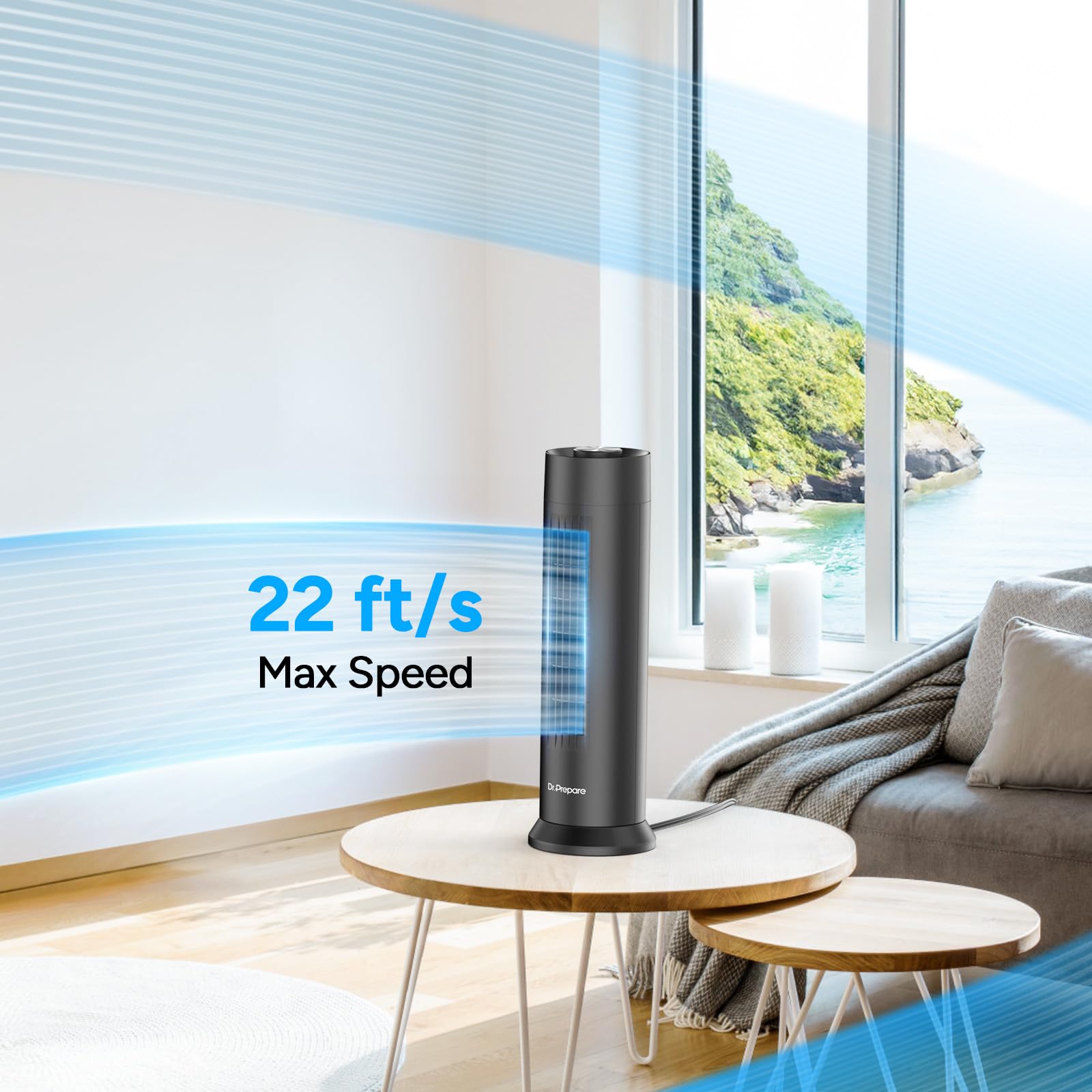 DR.PREPARE  Tower Fan, 28 dB Quiet Desk Fan, 3‑Speeds, 80° Oscillation, Detachable Washable Bladeless Design, 16 Inch Portable Table Fan for Room, Home, Office,Black