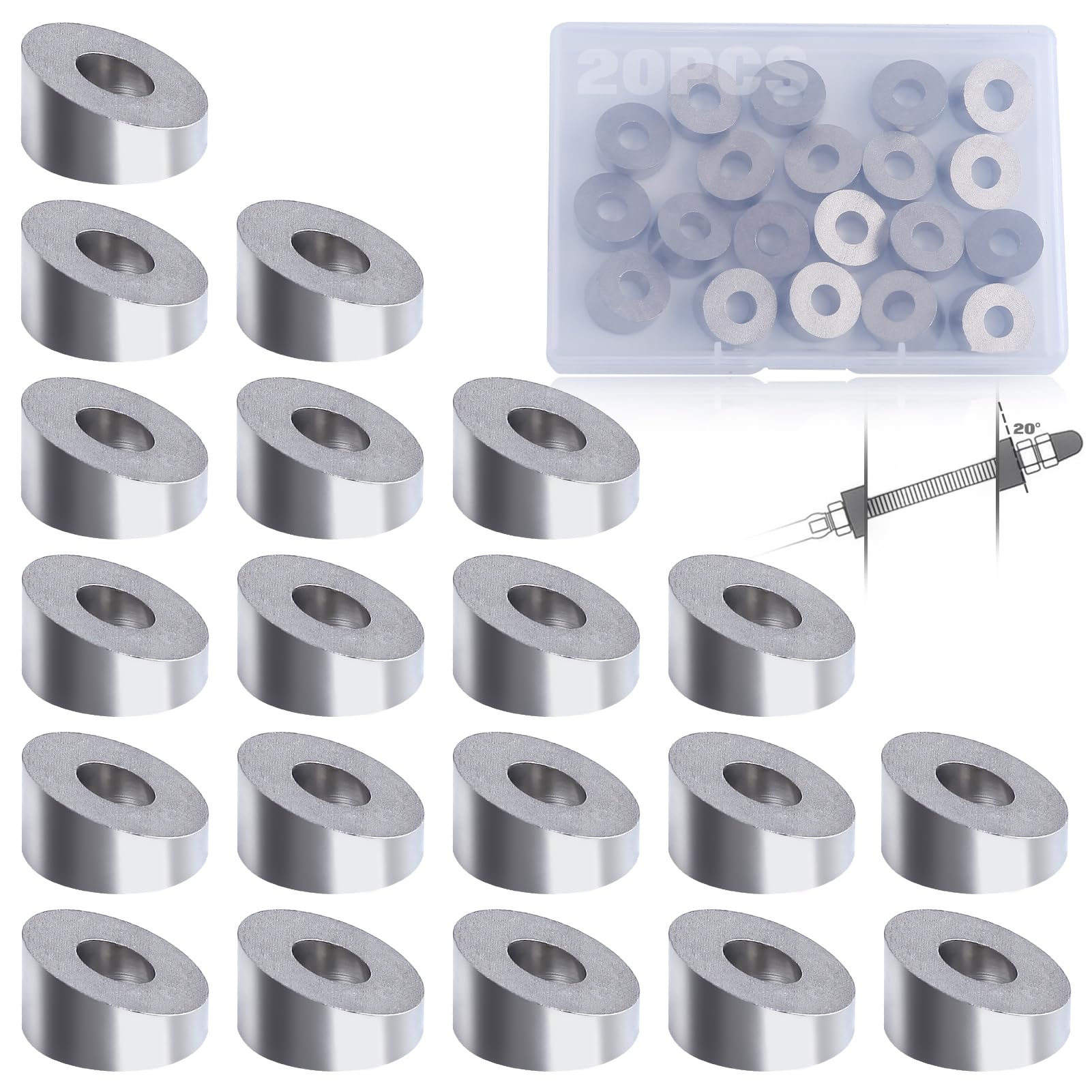 LEONTOOL 20Pack 1/4" ID Angle Washers for Cable Railing Post 20 Degree Stainless Steel Angle Beveled Washer Cable Railing Angled Washer for 1/8" 5/32" 3/16" Deck Stair Railing Wood Metal Aluminum Post