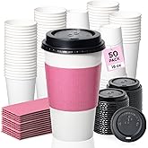 Fit Meal Prep 50 Pack 16 oz Disposable Coffee Cups with Lids and Pink Sleeves, Lead-Proof Sturdy To Go Coffee Cups with Lids, Pink Hot Paper Cups for Party, Wedding, Birthday (Black Lids)