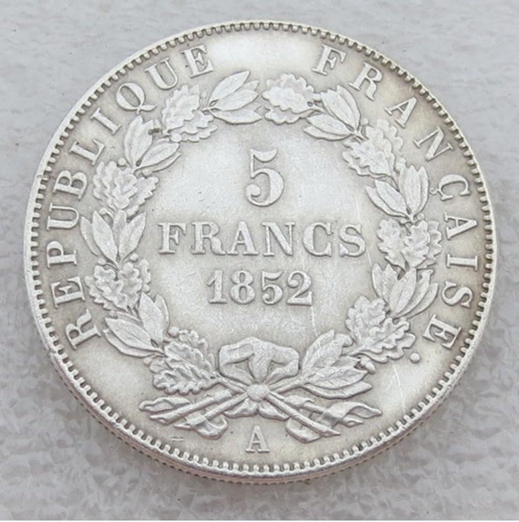 Bespoke Souvenirs Rare Antique Ancient European French France 1852 Year A Louis Napoleon Bonaparte Restrike 5 Francs Great Silver Color Coin