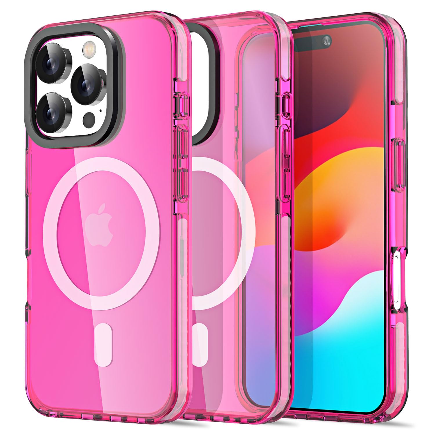 AICase Neon Hot Pink Clear Phone Case for iPhone 16 Pro Max Compatible with MagSafe, Trendy Women Girly Aesthetic Magnetic Preppy Colorful Colored Cute Mag Safe Magnet Bright Protective Cover