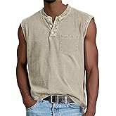 Kubsid Mens Tank Vintage Button Sleeveless Sports Henley Shirts Summer Cotton Casual Classic Solid Beach Tops with Pocket