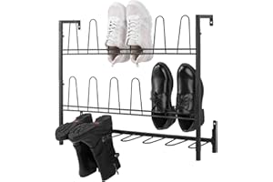 MyGift Premium Black Metal Hanging Wall Shoe Rack for Walk in Closet, Mudroom and Entryway, Wall Mounted Space Saving Boot an