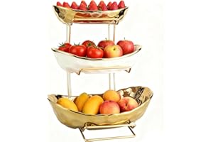 Tmore 3 Tier Fruit Bowl for Kitchen Counter, Ceramic Fruit Basket for Counter, Tiered Serving Bowls with Metal Stand, Fruit B