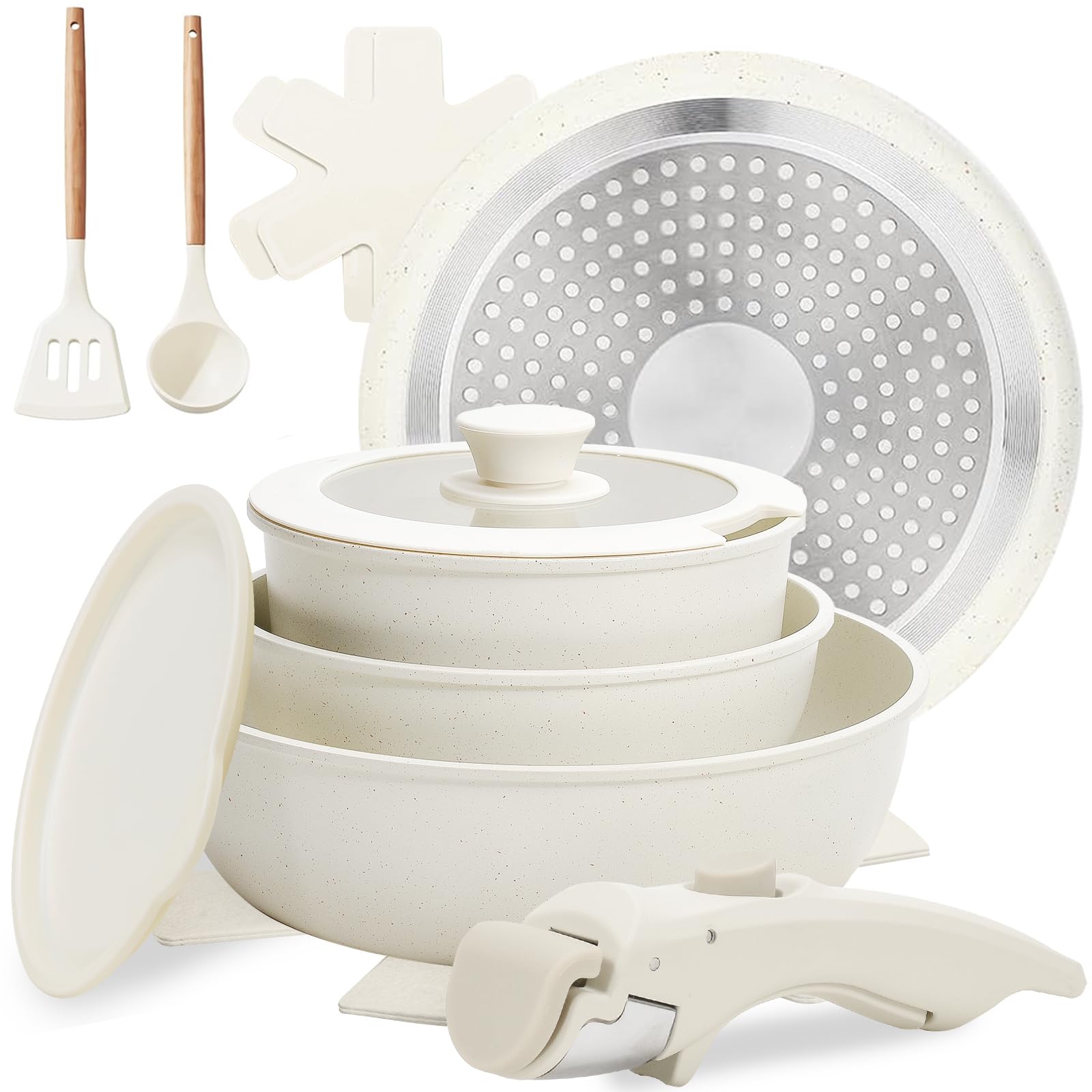 Numola 10 pcs Pots and Pan Set Non Stick with Detachable Handle, Ceramic Cookware Set for Stackable, Induction Kitchen Cookware Set for RV, Dishwasher & Oven Safe, Cream White