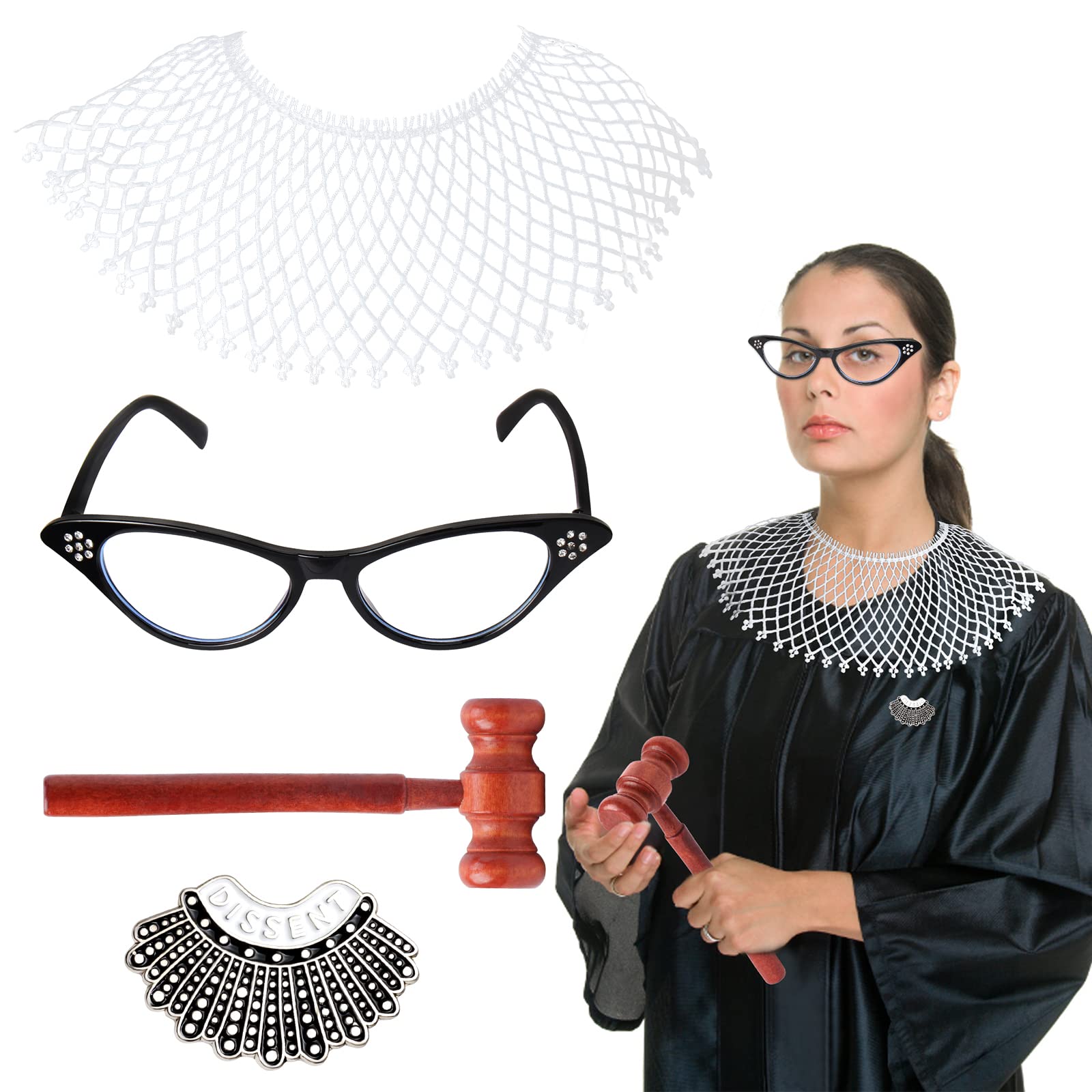 Photo 1 of * no gown included*Keymall Judge Costume Accessories Set 4pcs With Lace False Collar Judge Choker Pin Gavel Glasses for Halloween RBG Costume