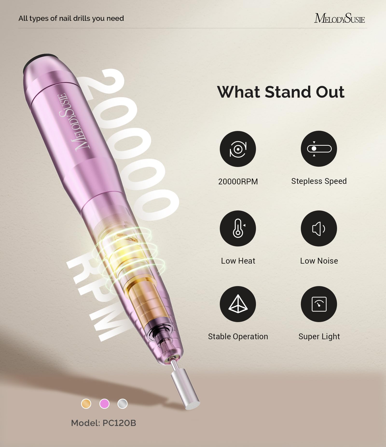 MelodySusie Portable Electric Nail Drill,PC120B Compact Efile Electrical Professional Nail File Kit for Acrylic, Gel Nails, Manicure Pedicure Polishing Shape Tools Design for Home Salon Use, Purple - Image 4