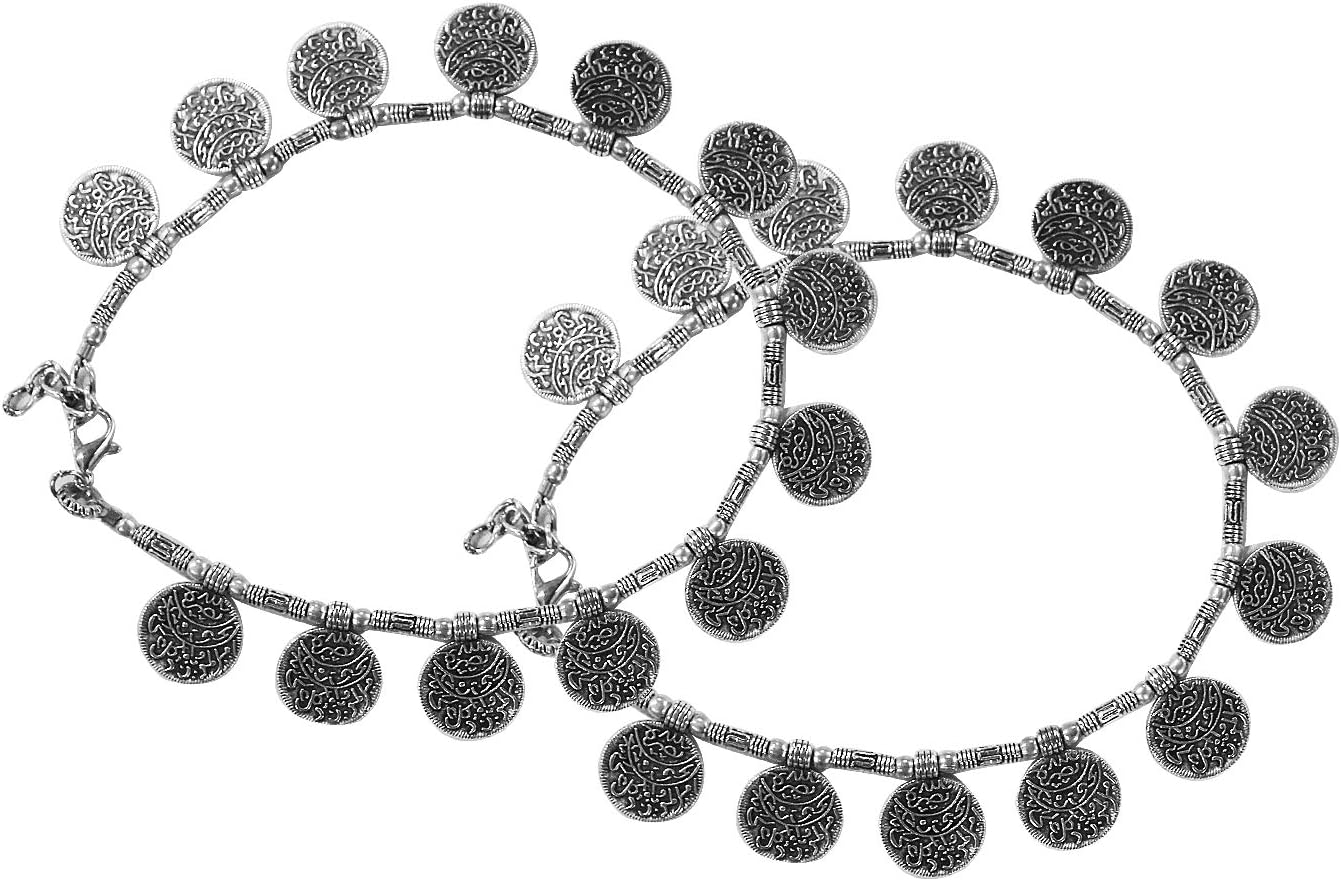 AyA Fashion Designer Oxidized German Silver Pair of Anklets | Payal with Silver Coin Beads for Girls and Women