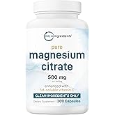 Pure Magnesium Citrate Supplements 500mg, 300 Capsules | Fat-Soluble Vitamin C Added | 100% Chelated | Only Active Ingredients