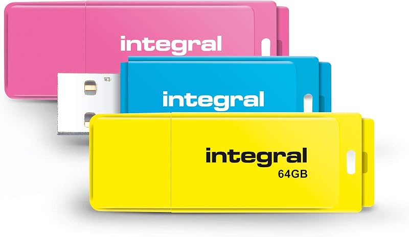 Integral 64GB Neon USB 2.0 Flash Drive 3-Pack Pink Blue Yellow