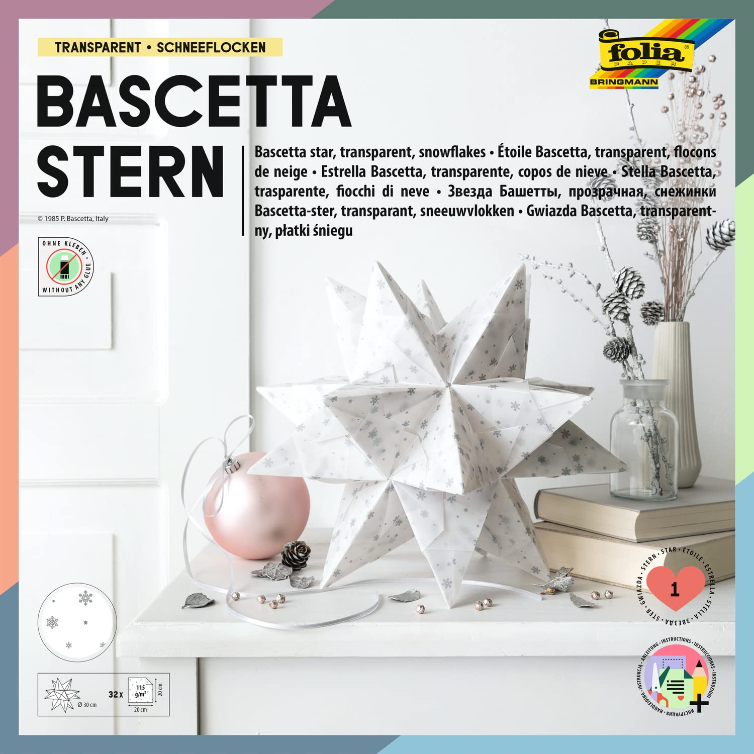 folia 801/2020 Bascetta Star Craft Set Made of Transparent Paper White/Silver Snowflakes 20 x 20 cm 32 Sheets Finished Size of Paper Star Approx. 30 cm with Instructions for Timeless Decoration