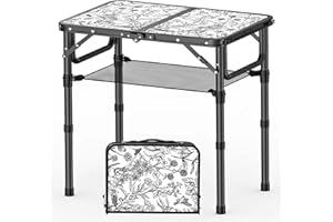 YIHUIKO Toile de Jouy-Inspired Camping Table, Vintage French Floral Pattern Folding Table, Adjustable Height, Lightweight & Portable Outdoor Picnic Table with Carry Handle for Patio, Living Room, Travel