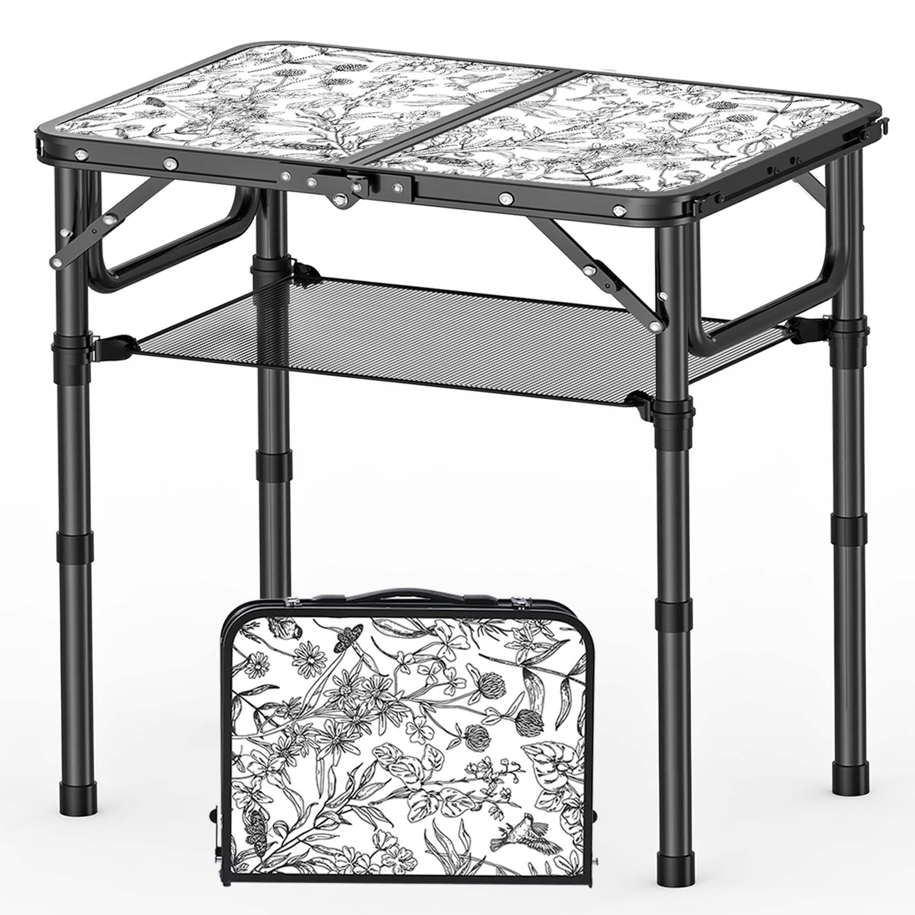 Photo 1 of Toile de Jouy-Inspired Camping Table, Vintage French Floral Pattern Folding Table, Adjustable Height, Lightweight & Portable Outdoor Picnic Table with Carry Handle for Patio, Living Room, Travel