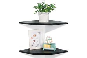 DUICIRX Corner Wall Shelves Set of 2, Rustic Wood Corner Floating Shelves with Cable Raceway, Wall Mount Storage Display for TV Accessories, Baby Monitor, Speaker, Cable Box (Black, Diamond- 10 Inch)