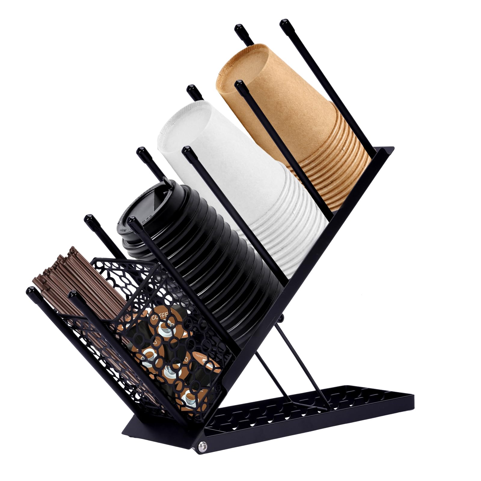 aleawol Cup Lid Holder Black Countertop with Straw Organizer, Coffee Station, Adjustable, Coffee Station, Bar, Restaurant, Breakroom, Office