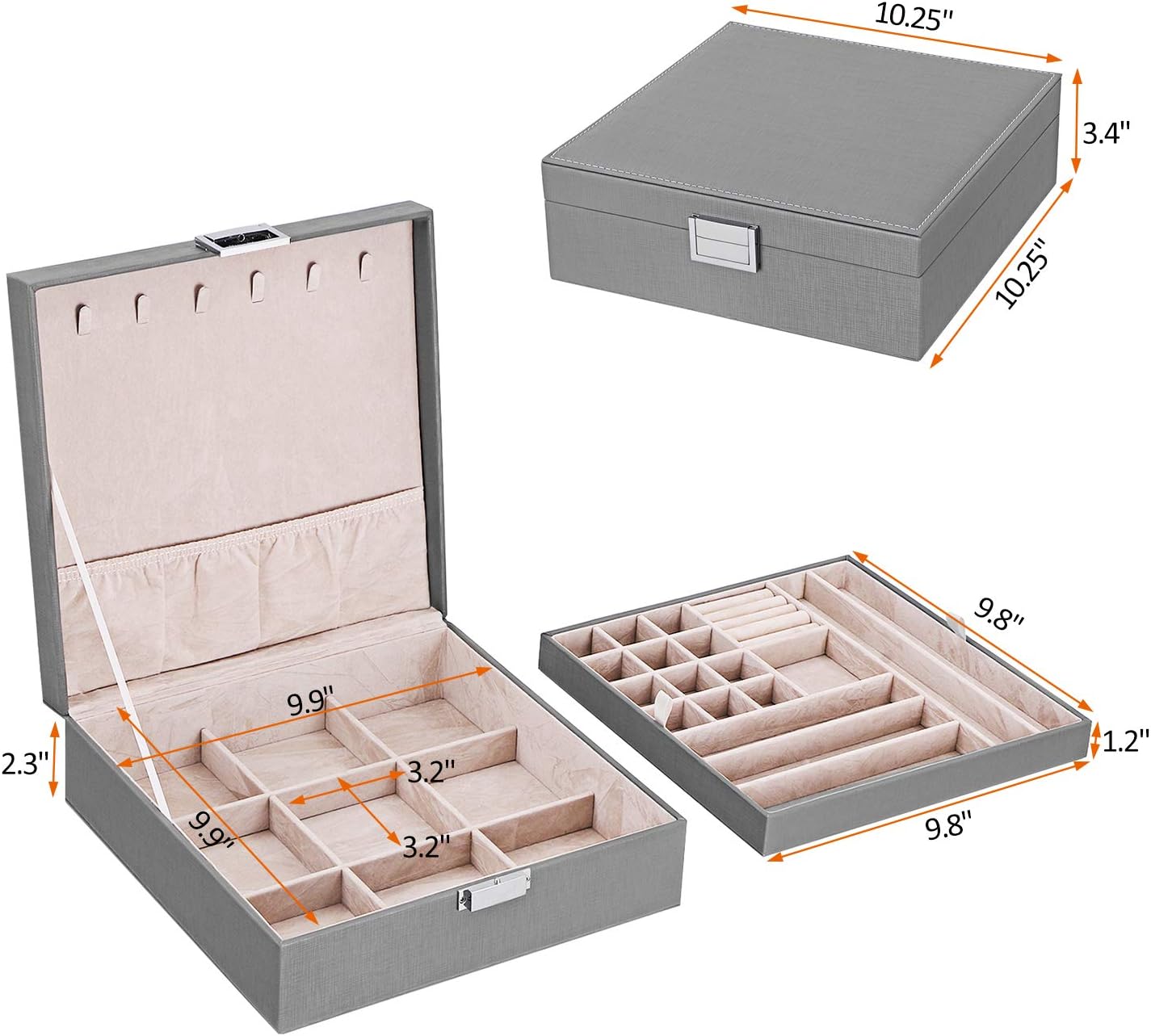 BEWISHOME Jewelry Box for Women 35 Compartments Jewelry Organizer - 6 Necklace Hooks, 2 Layers - Jewelry Boxes Display Storage Case Jewelry Holder for Girls Grey SSH71H: Home Improvement