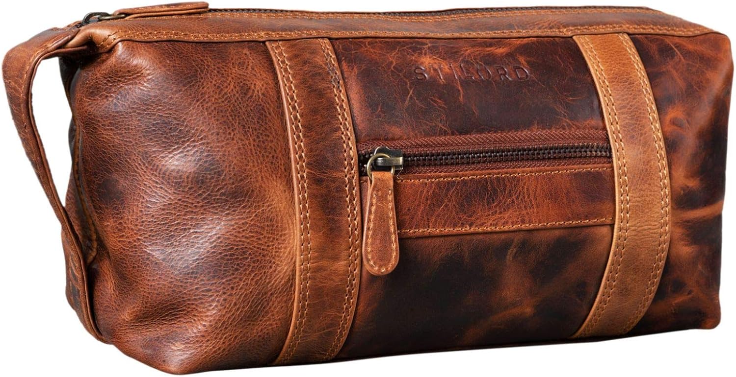 STILORD "Bruno" Men's Wash Bag Vintage Leather Travel Toilet Bag Toilet Kit with Wrist Strap 2 Compartments Overnight Wash Gym Bag Colour:Kara