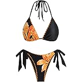 ZAFUL Women's Halter Triangle Bikini Set Whip Stitch 2 Piece Swimsuits Floral Print Tie String Thong Bathing Suits
