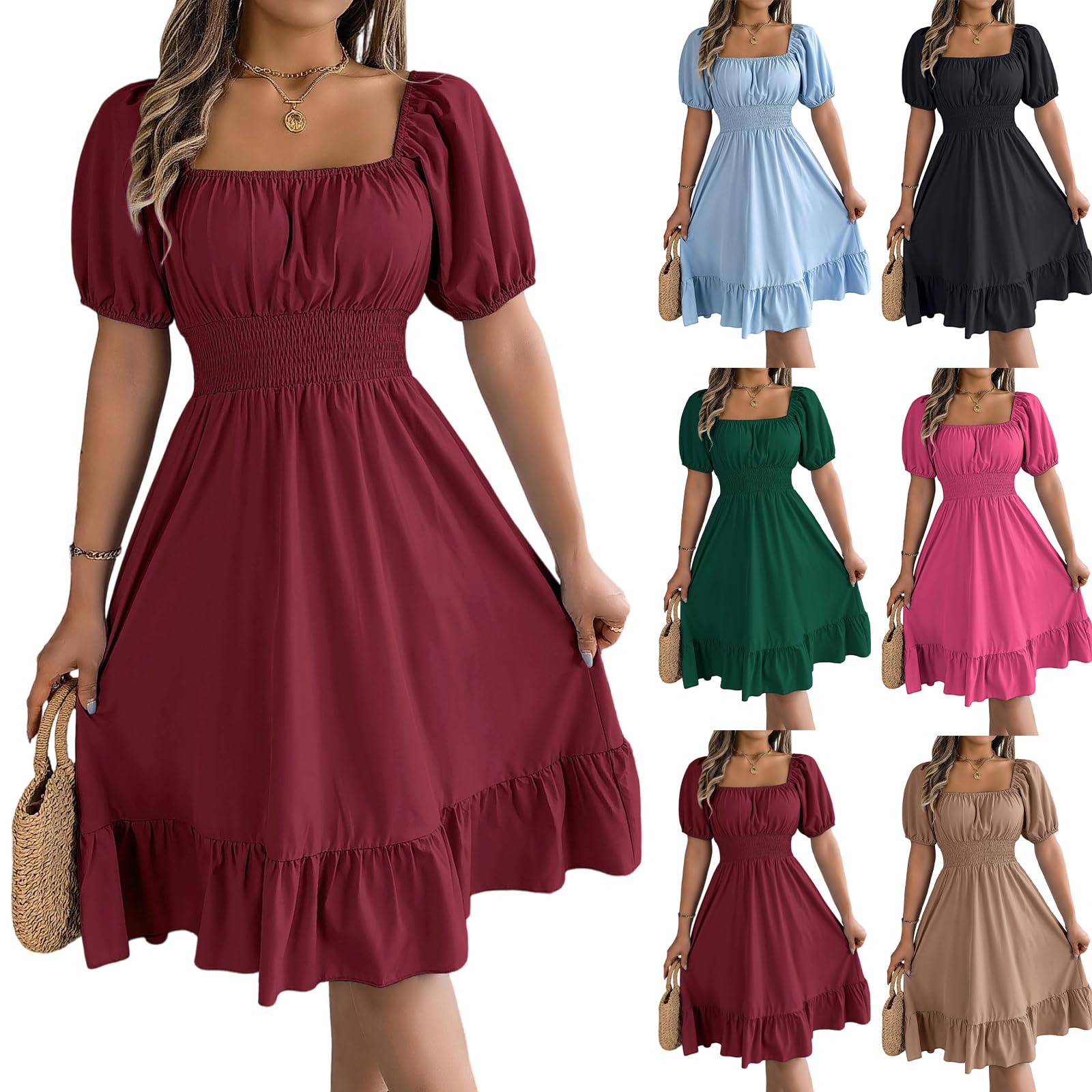 ATALRPOU Burgundy Bubble Short Sleeve Dress for Women Smocked Empire Waist Dress with Ruffle Hem Fit and Flare Mini Sundresses Square Neck Dress for Women Vestidos Elegantes de Mujer para Fiesta