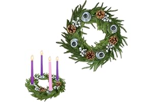 Stranthother Norfolk Pine Christmas Advent Wreath with Silver Berries & Pinecones Catholic Advent Wreath Ring Candle Holder Church Table Centerpiece Holiday Decoration Gifts(Candles Not Included)