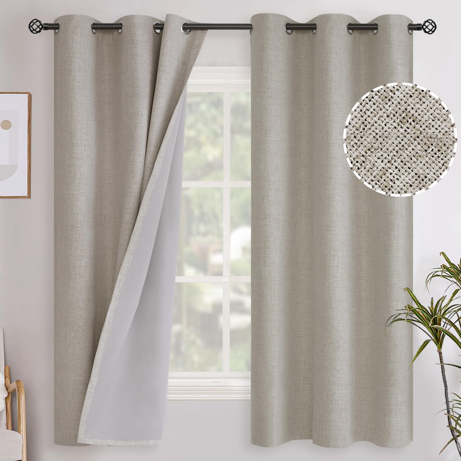 YoungsTex Camel Linen 100% Blackout Curtains 63 Inch Length for Bedroom, Grommet Thermal Insulated Burlap Drapes Full Room Darkening for Living Room Farmhouse Country, 2 Panels, 42 X 63 Inch
