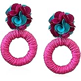 GBAHFY Raffia Flower Stud Earring for Women Colorful Boho Straw Wicker Handmade Rattan Dangle Earrings Summer Tropical Beach Jewelry
