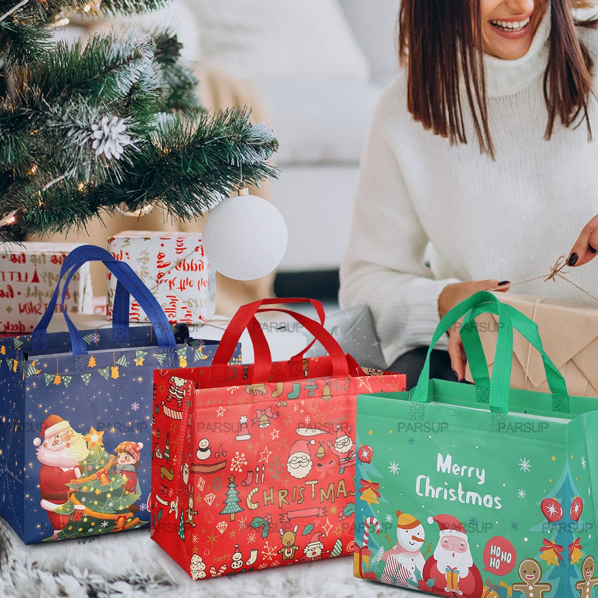 PARSUP Christmas Gift Bags, Multifunctional Non-Woven Tote Treat Christmas Bags with Handles for Gifts Wrapping Shopping, Xmas Party Supplies