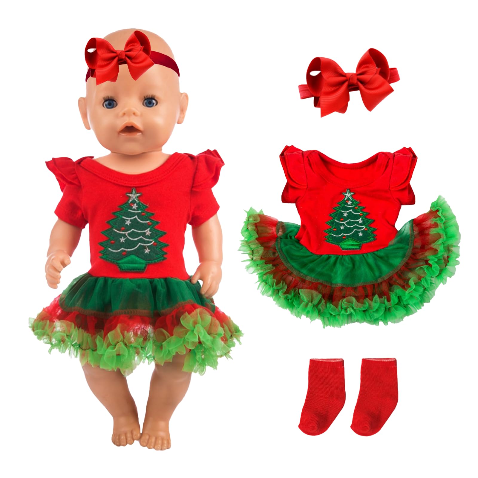 Doll Clothes for 14-18 Inch Baby Dolls, Baby Doll Clothes Outfits Overall 30-43 cm with 1 Christmas Tree Dress 1 Red headband 1 Socks Baby Doll Accessories for Girls Kids Friends Birthday Easter Gifts