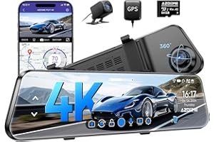 AZDOME PG17 12" 4K Mirror Dash Cam Front and Rear, Wi-Fi 6 Rear View Mirror Camera with 64GB Card, Voice Control Dash Camera for Car, Rearview Mirror Camera with GPS Night Vision Parking Assistance