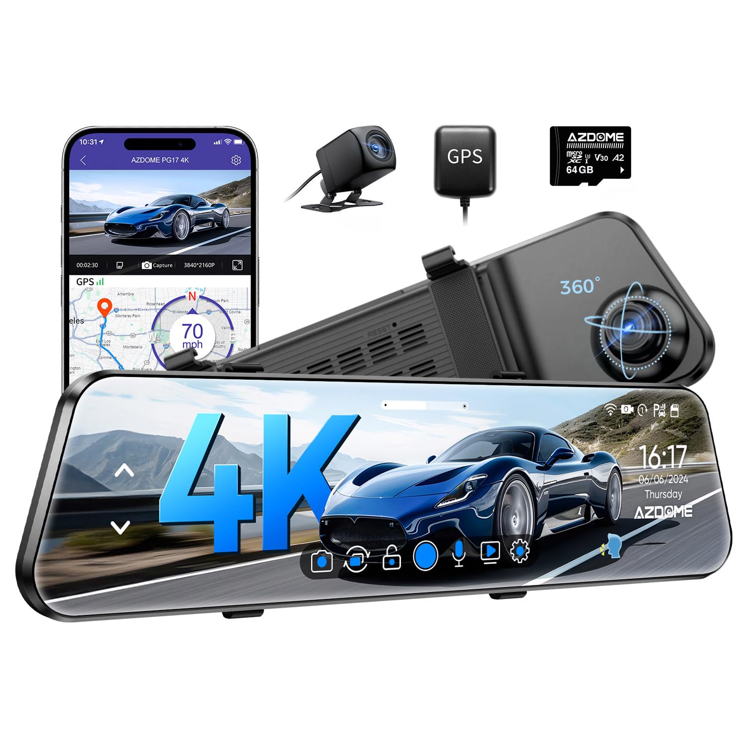 Photo 1 of AZDOME PG17 12" 4K Mirror Dash Cam Front and Rear, Wi-Fi 6 Rear View Mirror Camera with 64GB Card, Voice Control Dash Camera for Car, Rearview Mirror Camera with GPS Night Vision Parking Assistance